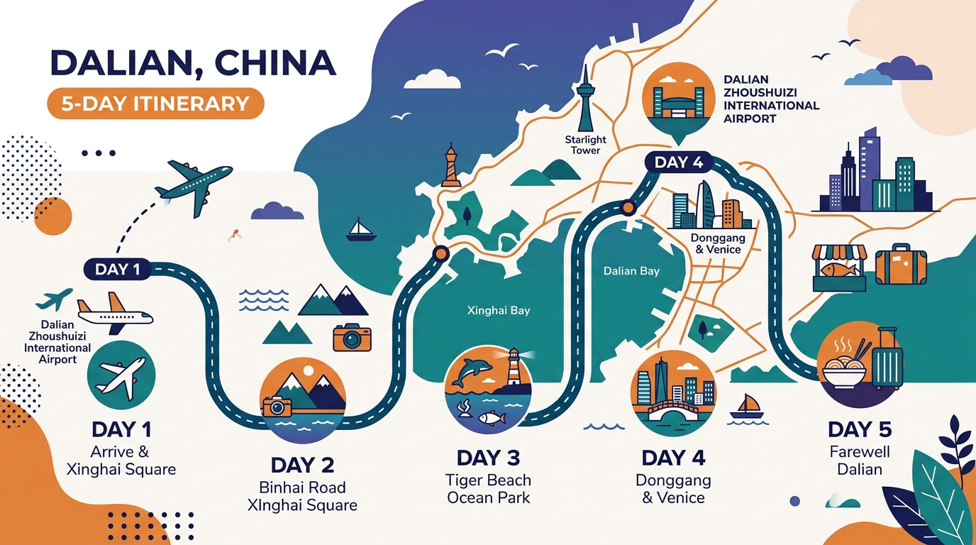 Day 1からDay 5までの旅のルートがつながった大連5日間旅程マップのイラスト