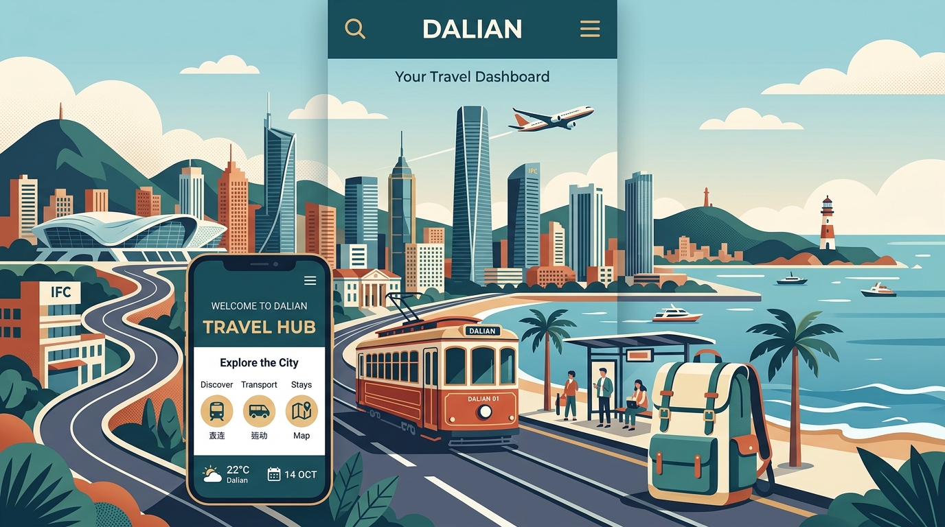 路面電車や旅行バッグ、飛行機などが調和した大連旅行メニューハブのイラスト