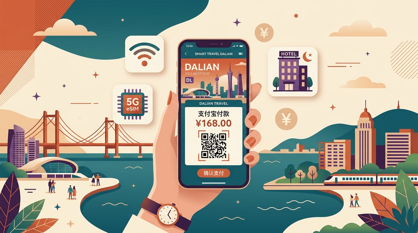 スマートフォンでの決済・eSIM通信・ホテルなどを表すトラベルITイラスト
